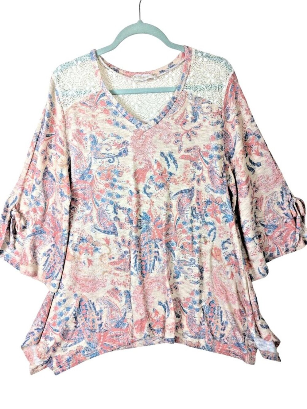 Weekend Suzanne Betro Women Plus 1X Feminine Stretch Lace Peach Cream Top Boho